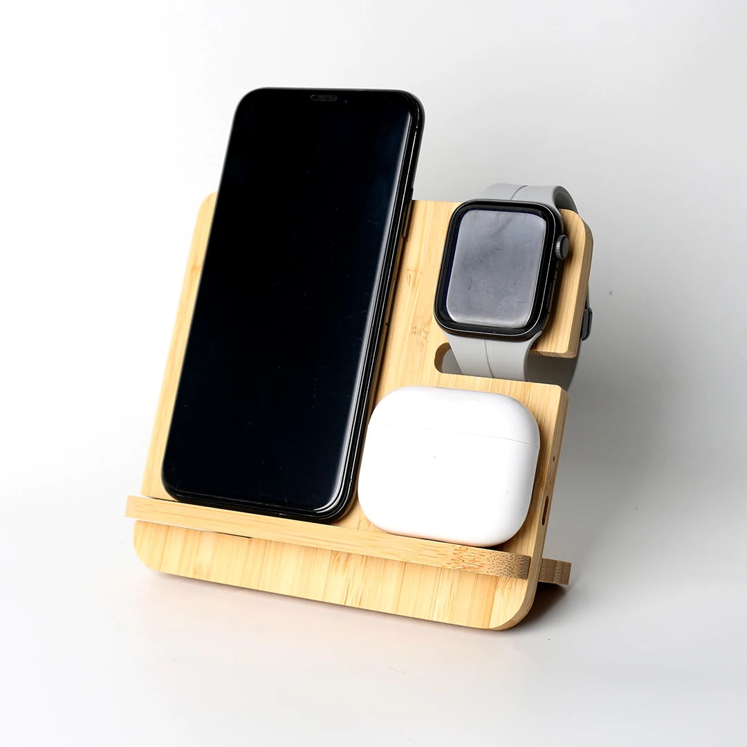 Bamboo Wireless Charging Station | 3-In-1 Flat-Pack Stand