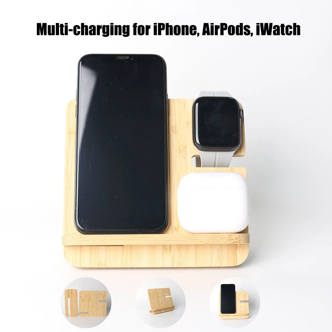 Bamboo Wireless Charging Station | 3-In-1 Flat-Pack Stand