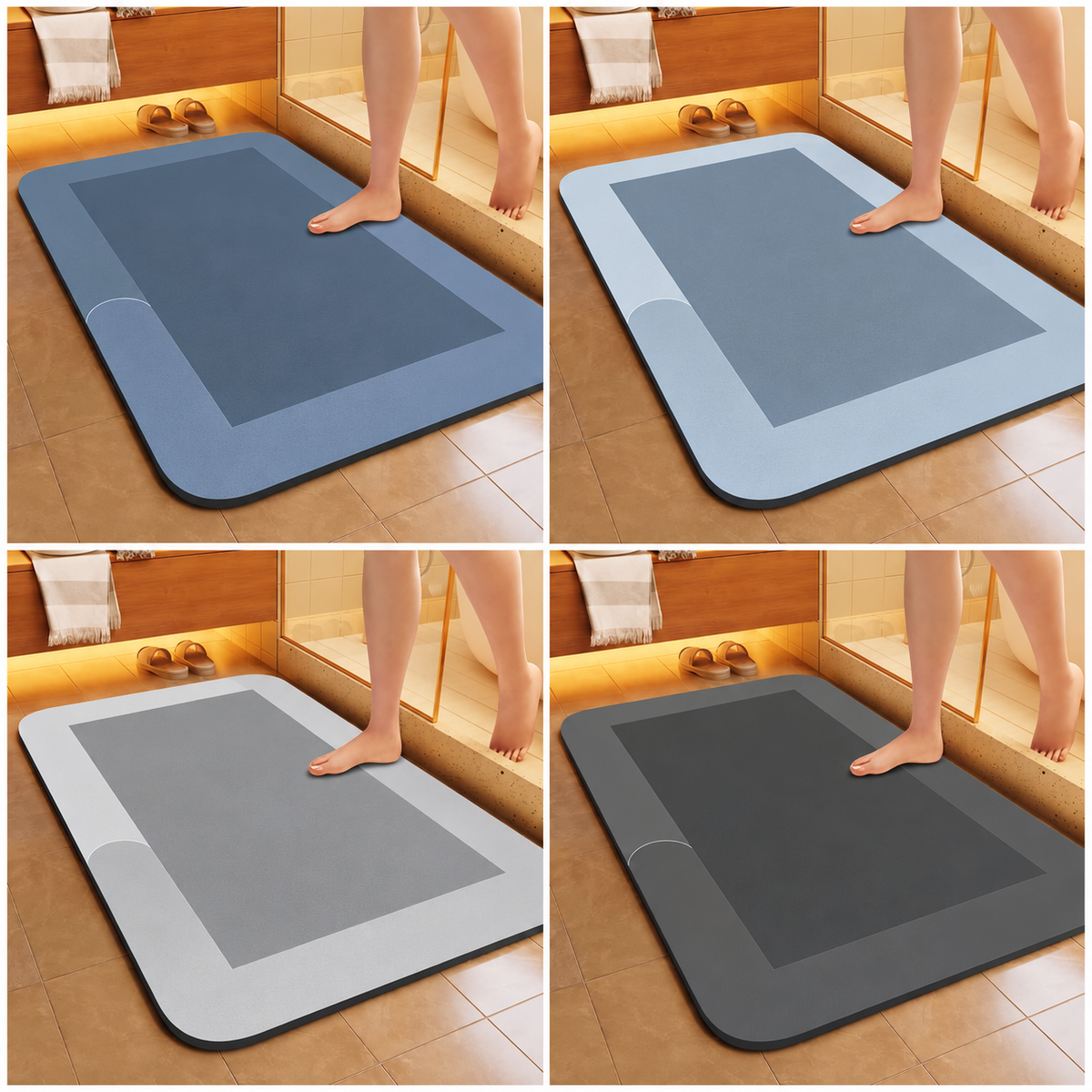 Bath Mat Diatomite Foam Core, Non-Slip Rubber Base | 4 Sizes, 6 Colours, 4 Shapes | Quick-Drying & Water-Absorbent