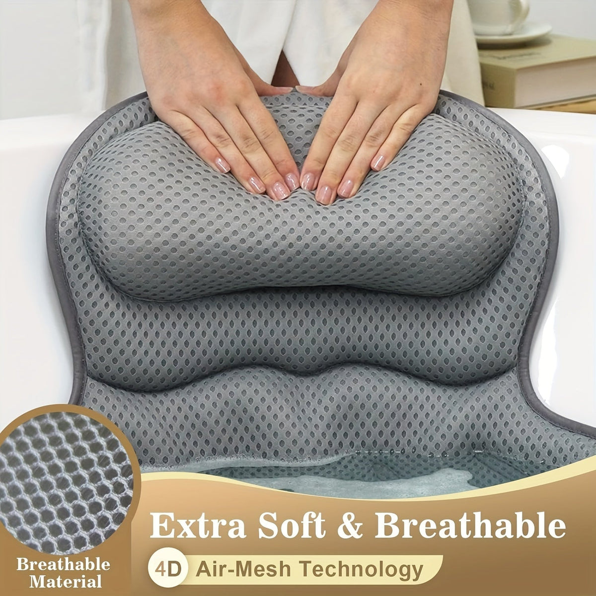 Bath Pillow for Neck and Back Support | Six Suction Cups, Secure Fit | Breathable, Quick-Drying, Mould-Resistant Mesh