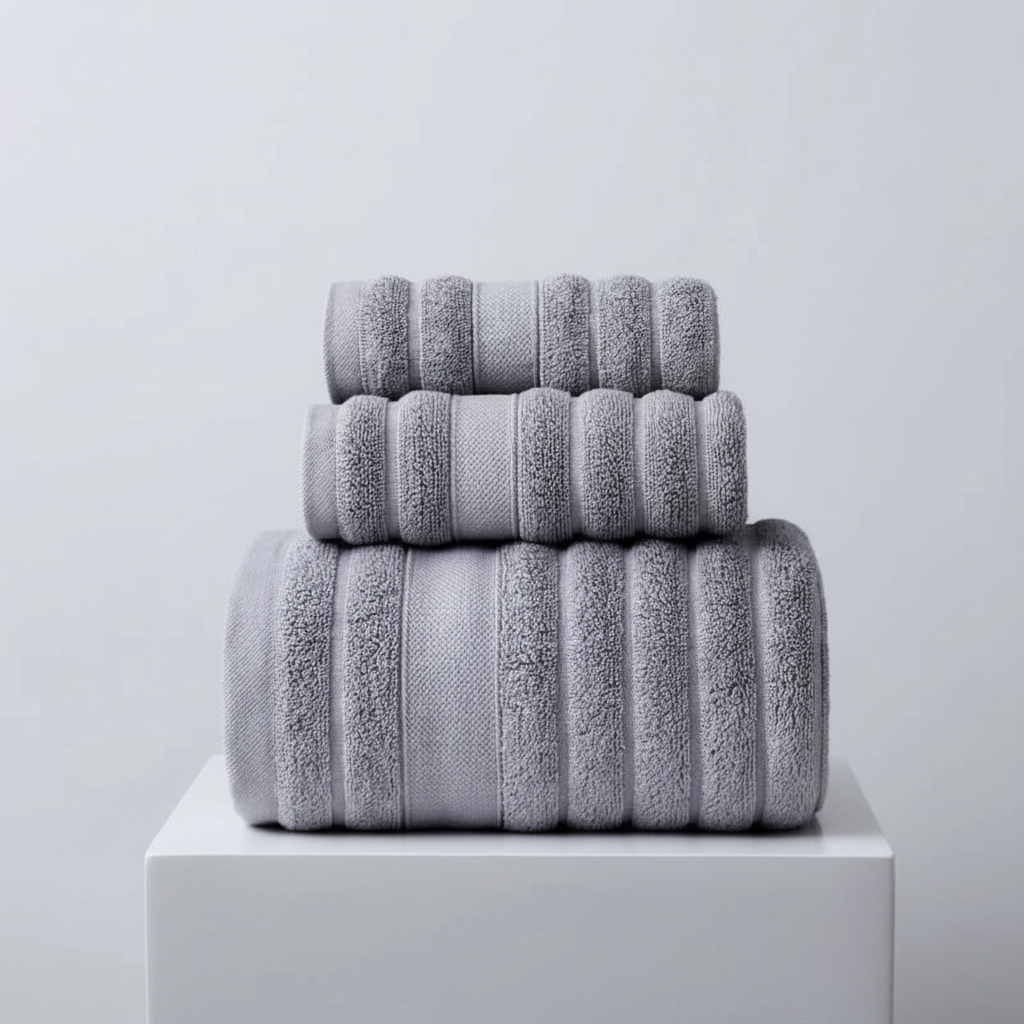 Bath Towel Set 100% Cotton 3-Piece | White, Grey, Teal, Pink | Ribbed Terry Weave, Absorbent Loop Texture, Quick-Dry