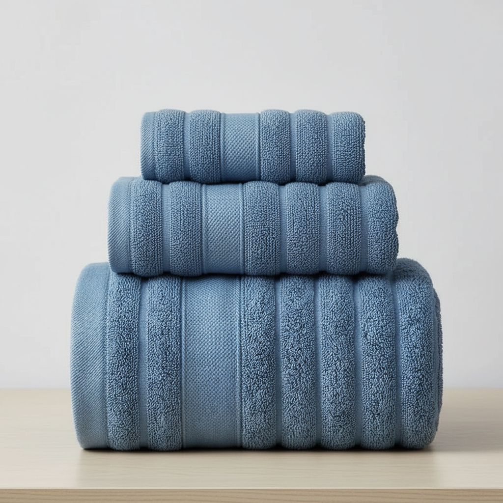 Bath Towel Set 100% Cotton 3-Piece | White, Grey, Teal, Pink | Ribbed Terry Weave, Absorbent Loop Texture, Quick-Dry