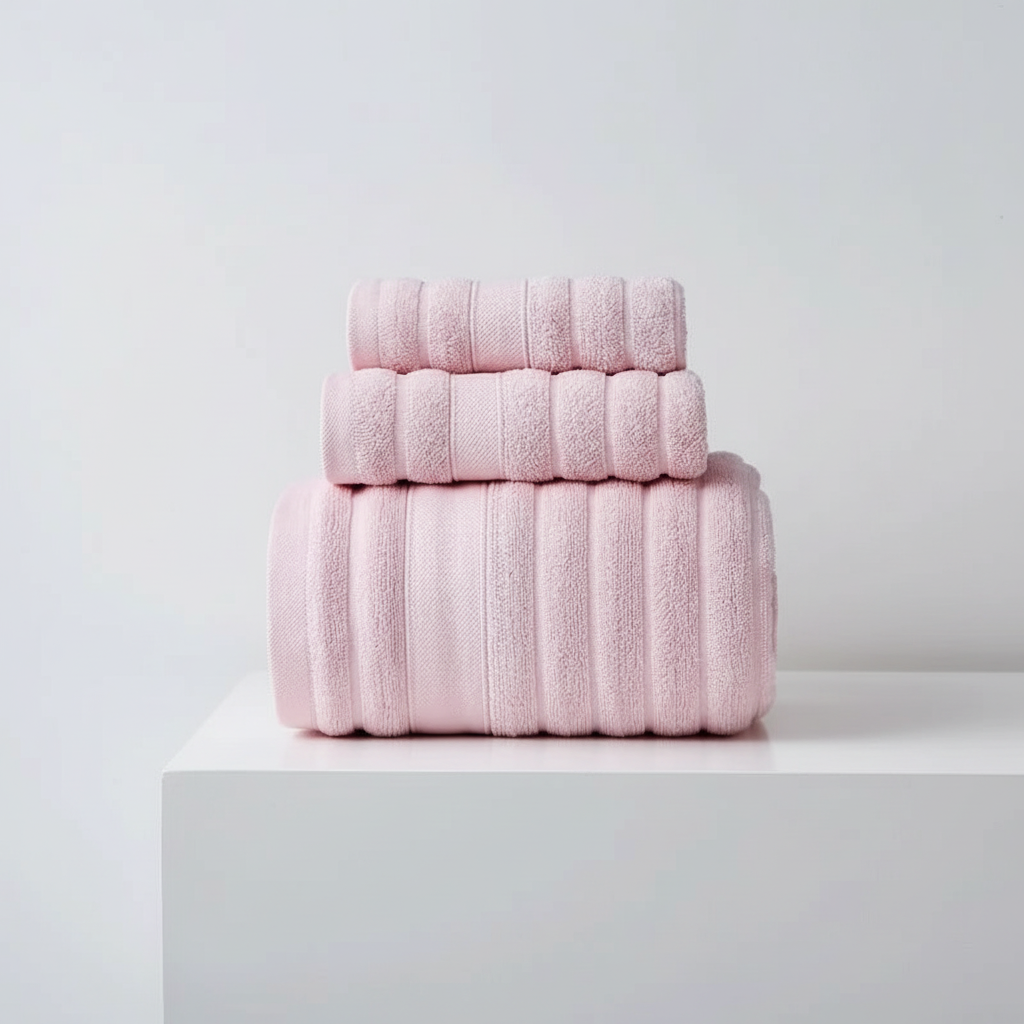 Bath Towel Set 100% Cotton 3-Piece | White, Grey, Teal, Pink | Ribbed Terry Weave, Absorbent Loop Texture, Quick-Dry