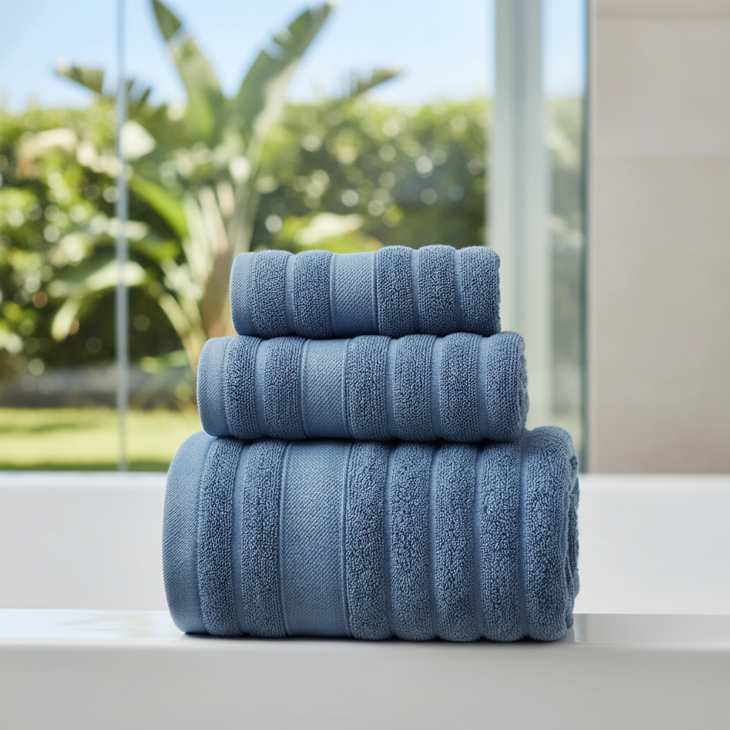 Bath Towel Set 100% Cotton 3-Piece | White, Grey, Teal, Pink | Ribbed Terry Weave, Absorbent Loop Texture, Quick-Dry