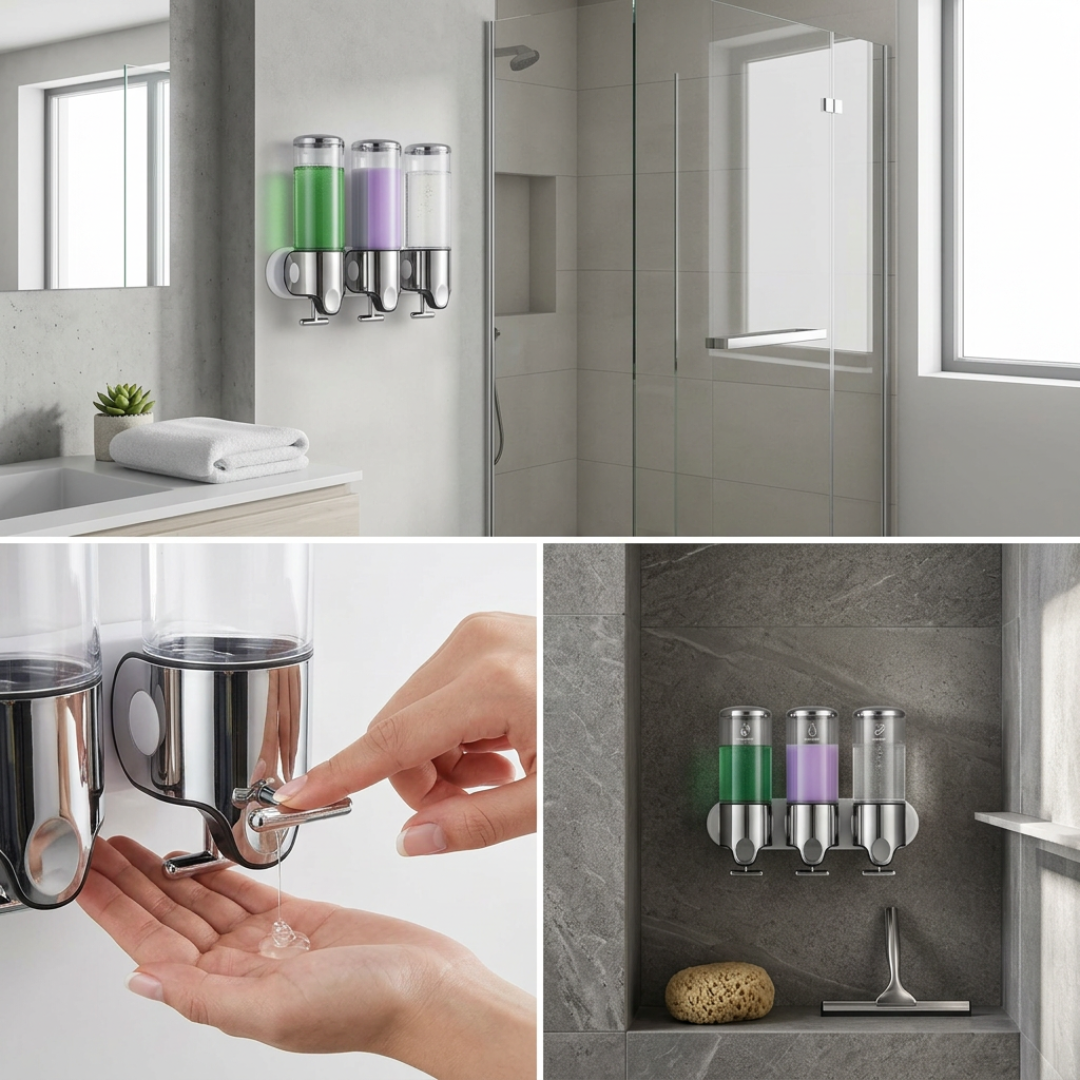 Bathroom Soap Dispenser | TidyWall Triple Wall-Mounted Pump Set