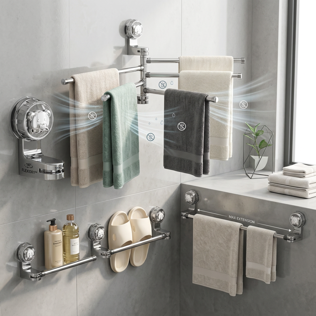Bathroom Towel Holder | FlexiDry Swivel Suction-Cup Towel Rack
