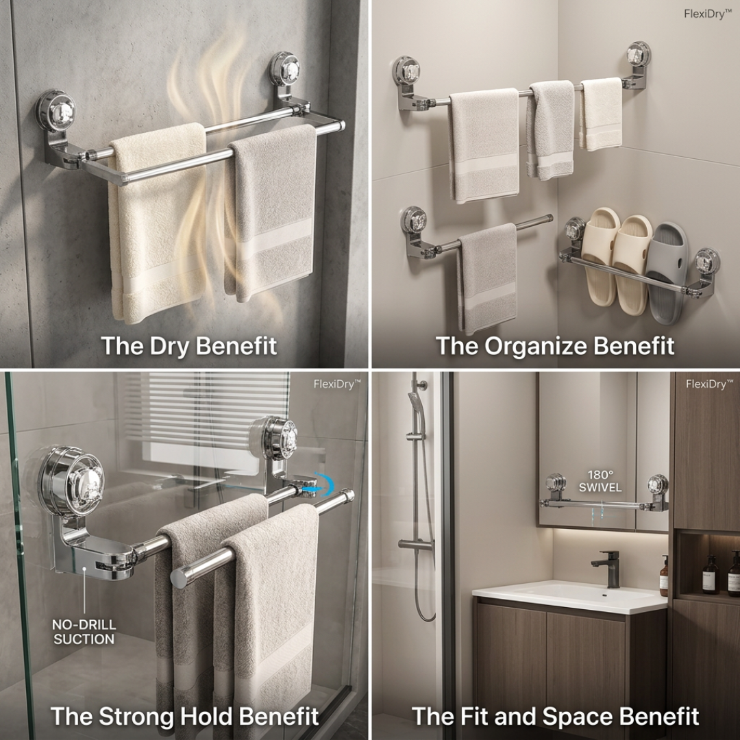 Bathroom Towel Holder | FlexiDry Swivel Suction-Cup Towel Rack