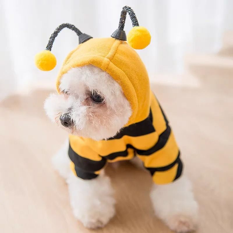 Bee-Print Fleece Hoodie for Pets | Pull-On Design with Pompom Antennas | Warm Winter Costume for Small Dogs and Cats