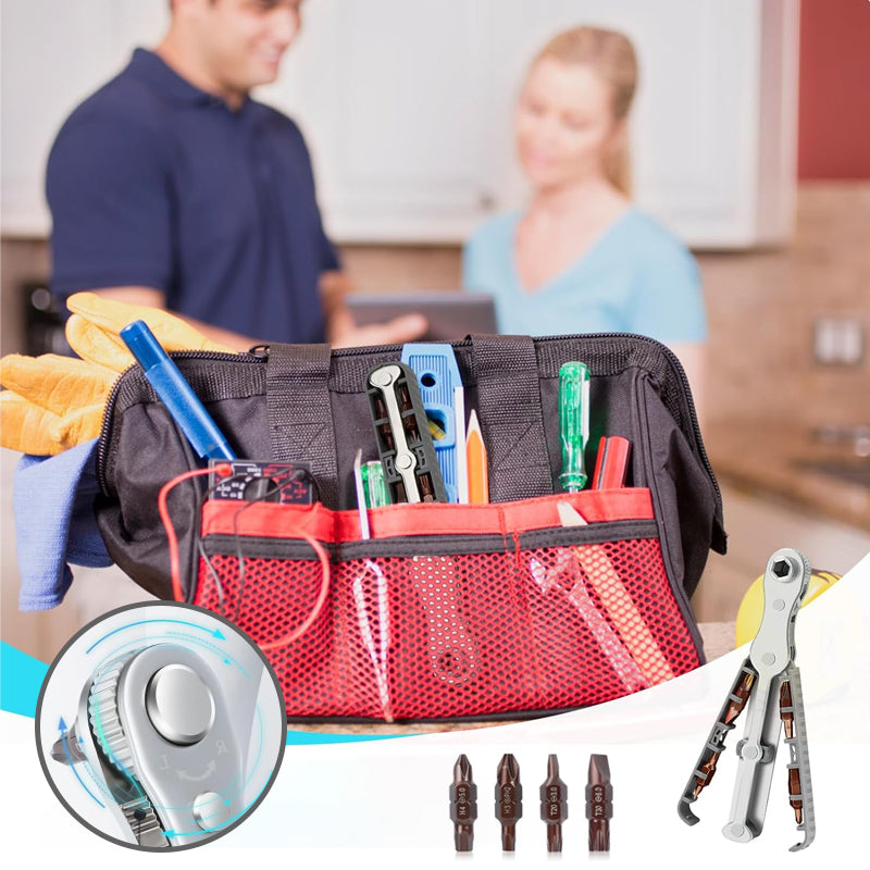 Bidirectional Ratchet Screwdriver Set CRV Steel | 4 Hex Bits Stored in Handle | Compact Reversible Design for Tight Spaces