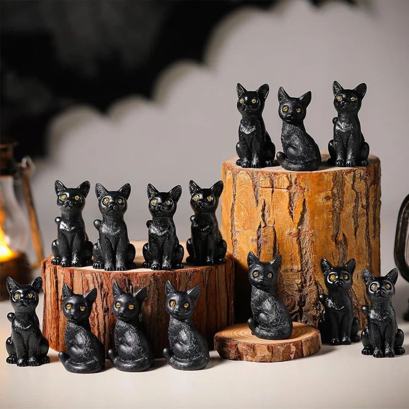 Black Cat Resin Figurines Set of 2 | Turn Head & Sitting Designs | Mini Halloween Decor for Shelves & Fairy Gardens