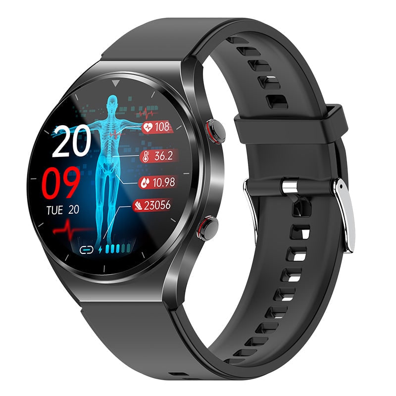 Blood Pressure Smartwatch Round Face | Heart Rate, ECG & HRV Monitoring | Adjustable Silicone Strap, Black or Silver