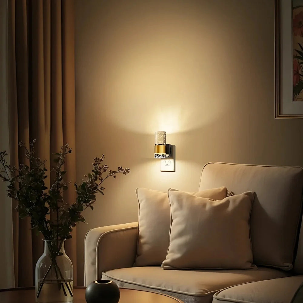 Bubble Acrylic Night Light | Automatic Dusk Sensor, Dimmable Warm Glow | Golden Metal Accent for Cosy Corners & Hallways