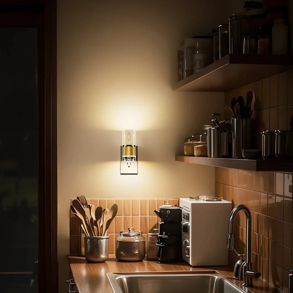 Bubble Acrylic Night Light | Automatic Dusk Sensor, Dimmable Warm Glow | Golden Metal Accent for Cosy Corners & Hallways