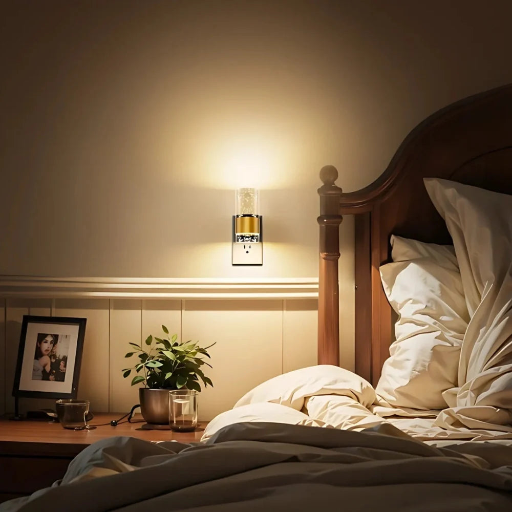 Bubble Acrylic Night Light | Automatic Dusk Sensor, Dimmable Warm Glow | Golden Metal Accent for Cosy Corners & Hallways