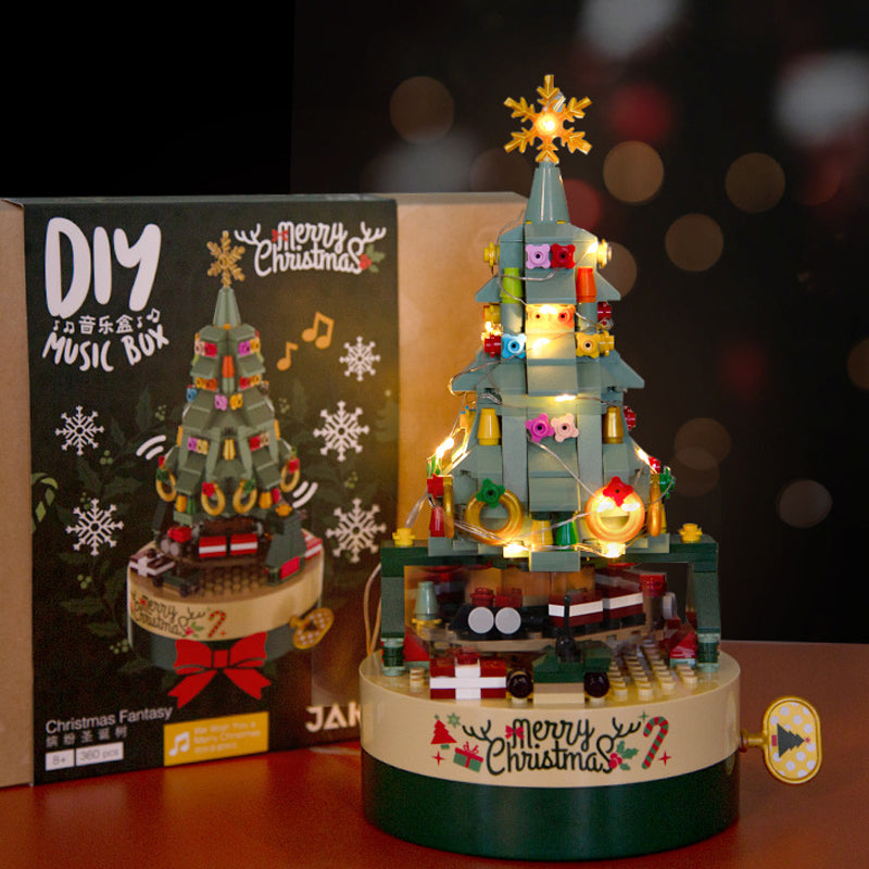Building Block Christmas Tree Music Box | 360-Piece DIY Kit with Hand Crank Melody | ABS Plastic Construction Set