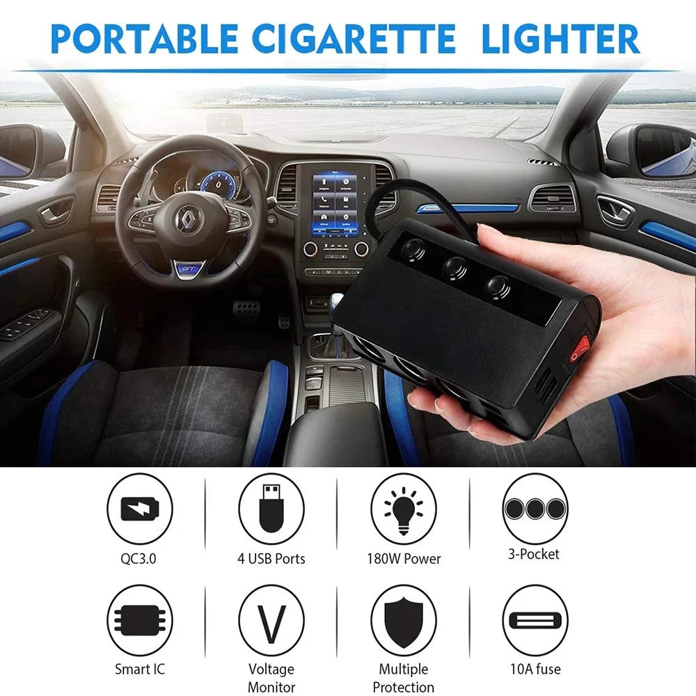 Car Fast Charger Adapter | Three Sockets, Four Ports
