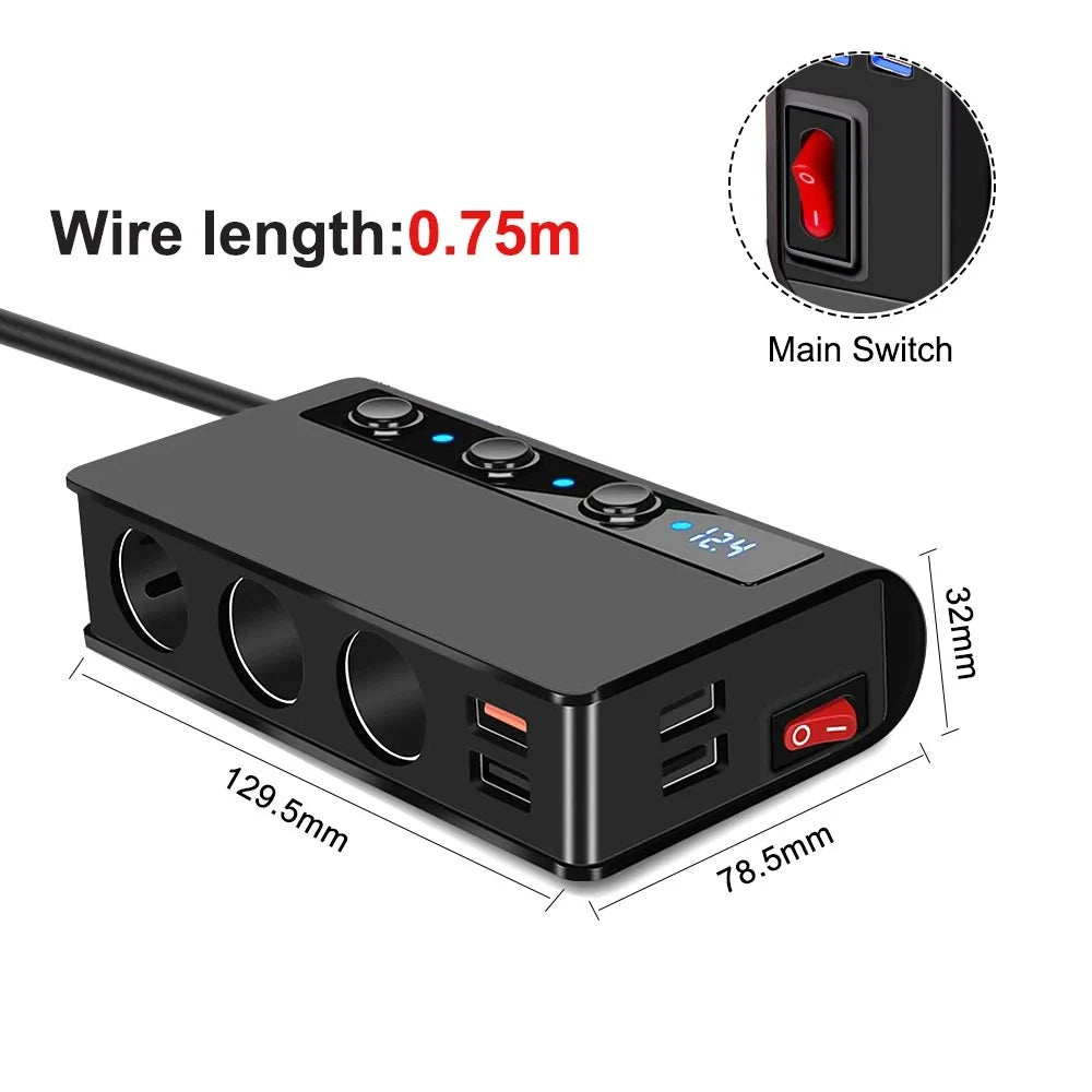 Car Fast Charger Adapter | Three Sockets, Four Ports