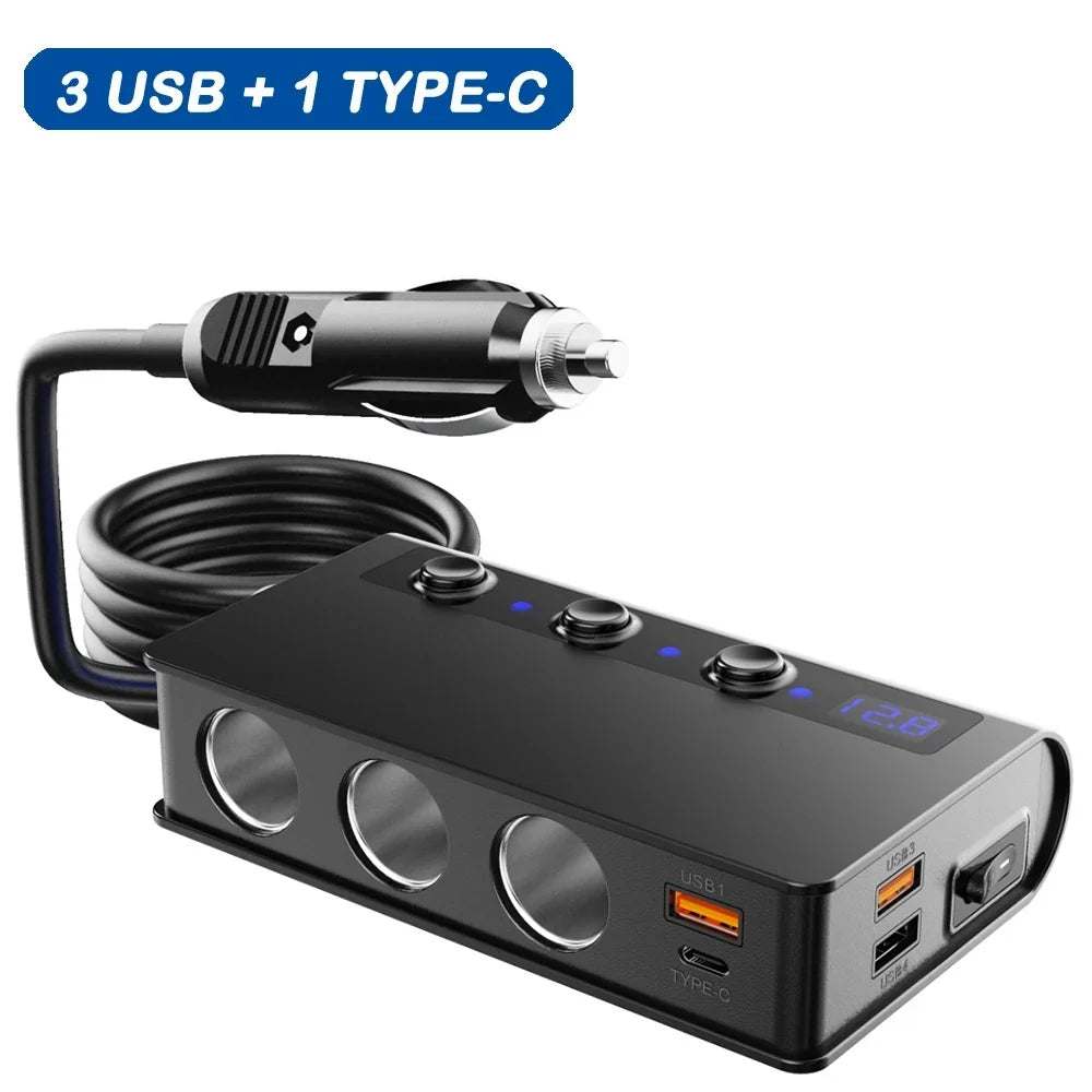 Car Fast Charger Adapter | Three Sockets, Four Ports