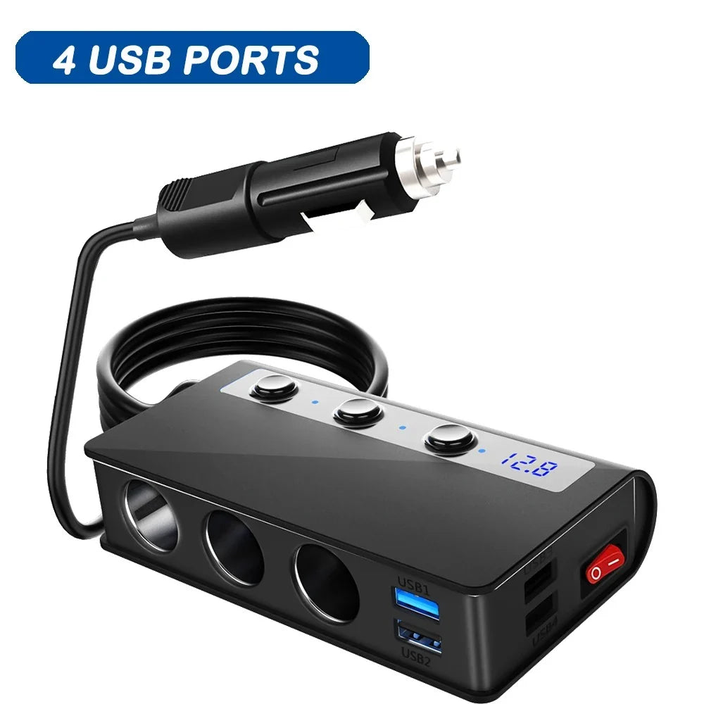 Car Fast Charger Adapter | Three Sockets, Four Ports