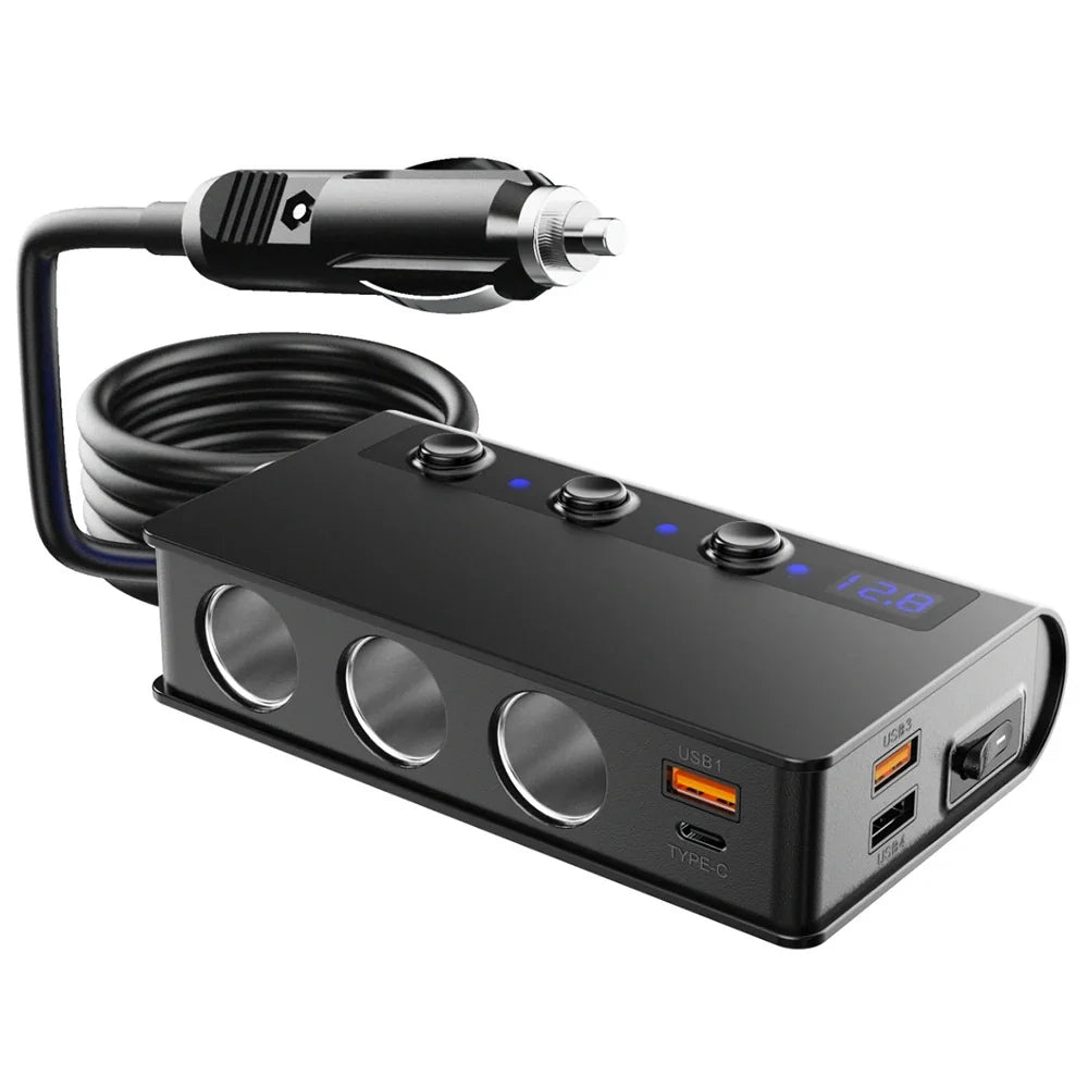 Car Fast Charger Adapter | Three Sockets, Four Ports