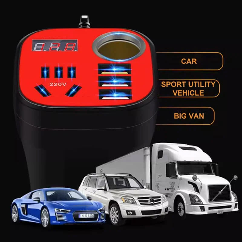 Car Power Inverter Cup Holder Design | 200W DC 12V to AC 220V Converter | Dual AC Outlets 3 USB QC3.0 Fast Charger
