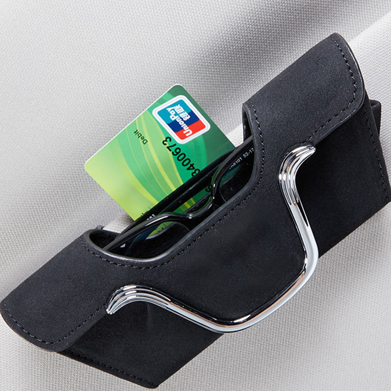 Car Sun Visor Glasses Holder Faux Leather | Magnetic Buckle Clip-On Case | Universal Fit for Sunglasses & Cards