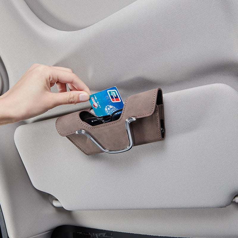 Car Sun Visor Glasses Holder Faux Leather | Magnetic Buckle Clip-On Case | Universal Fit for Sunglasses & Cards
