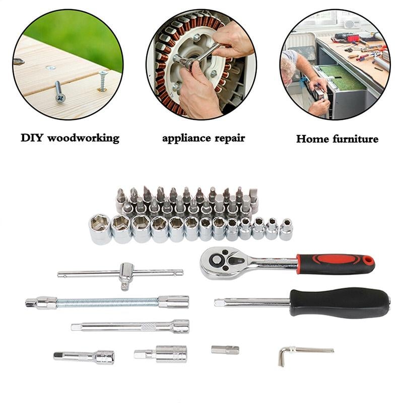 Car Tool Kit Chrome Vanadium Socket Set 46-Piece with Quick-Release Switch