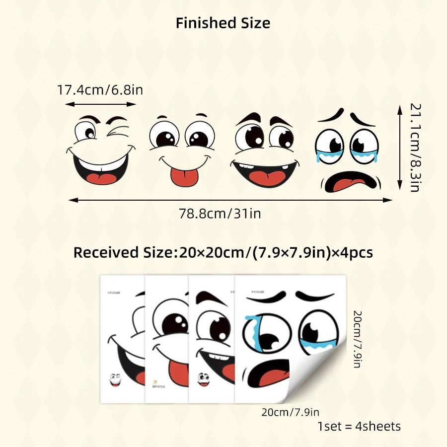Cartoon Face Sticker Set Waterproof | 4 Sheets Self-Adhesive Removable Designs | Bathroom Kitchen Bin Decor Accessory