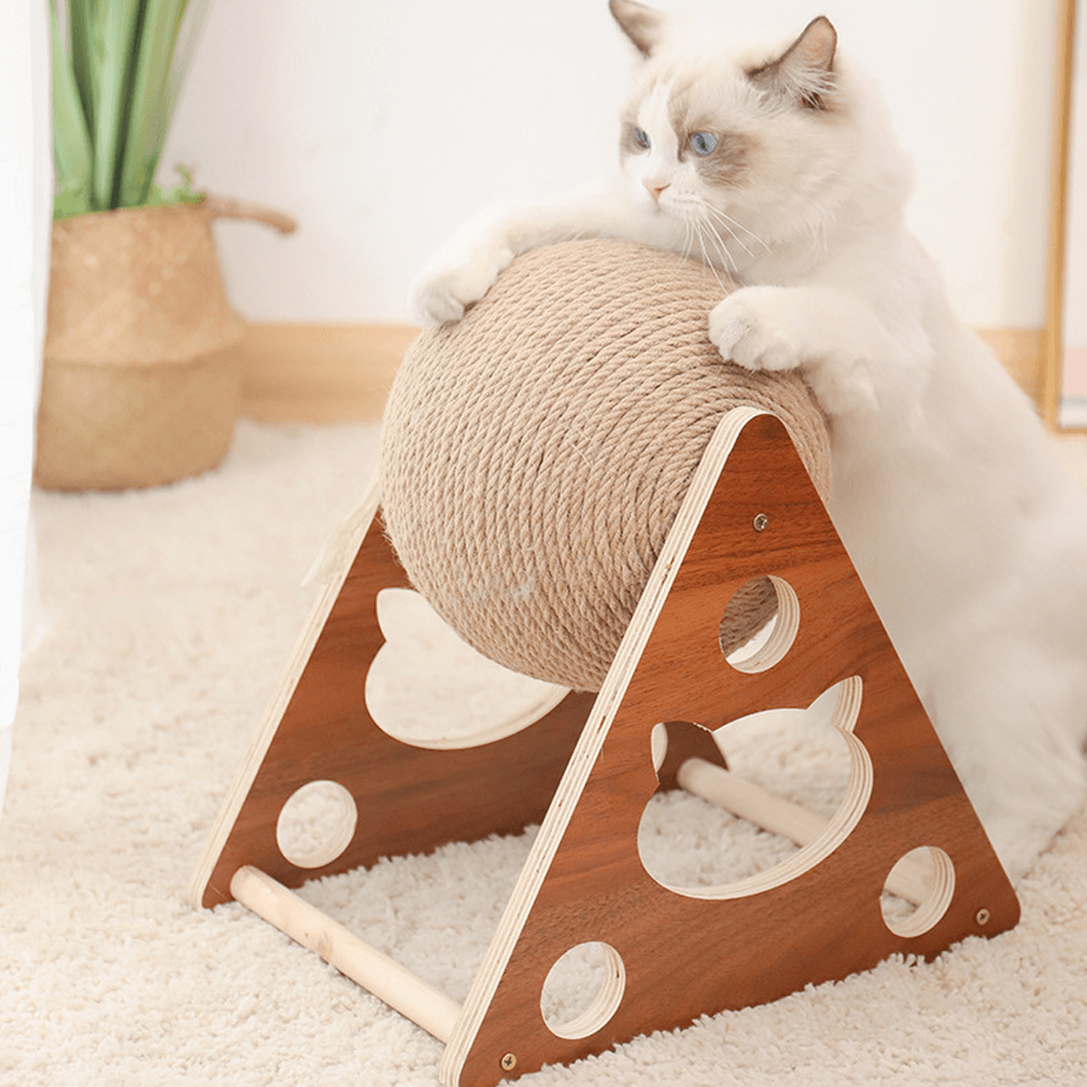 Cat Scratching Ball Toy Hemp Rope | Spinning Exercise Ball & Wooden Stand | Protects Men's Furniture From Scratches