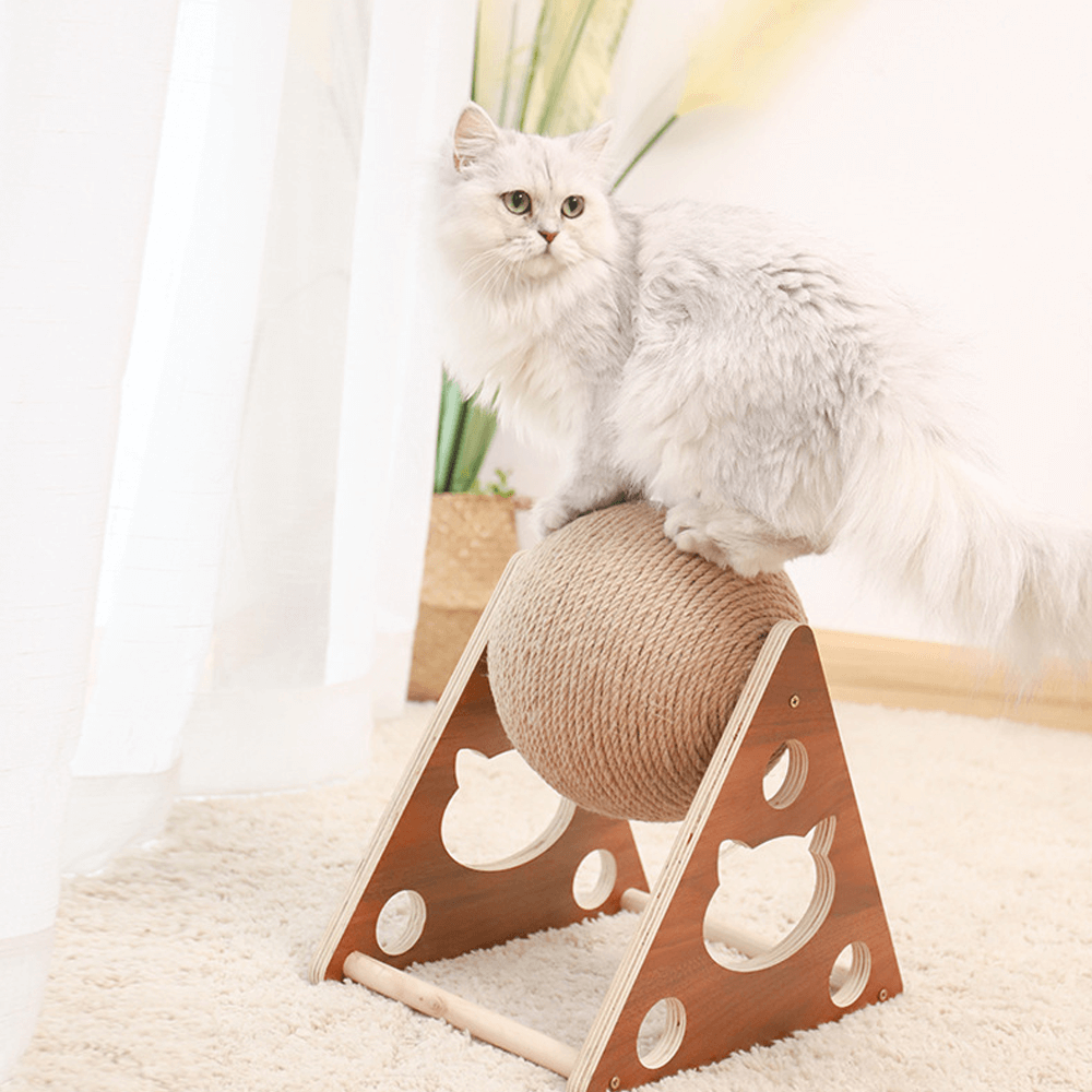 Cat Scratching Ball Toy Hemp Rope | Spinning Exercise Ball & Wooden Stand | Protects Men's Furniture From Scratches