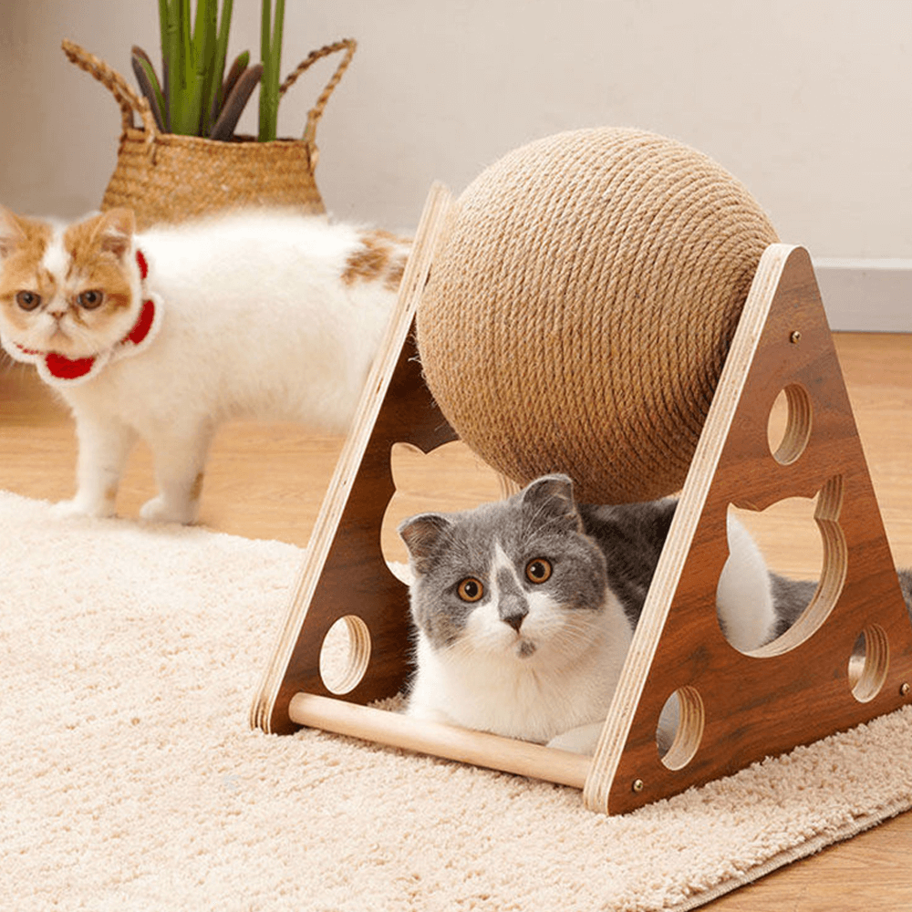 Cat Scratching Ball Toy Hemp Rope | Spinning Exercise Ball & Wooden Stand | Protects Men's Furniture From Scratches