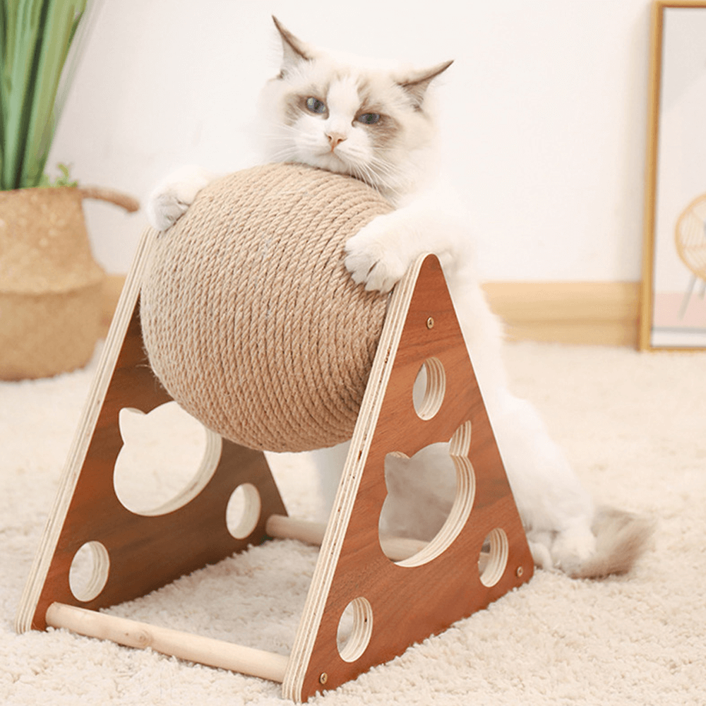 Cat Scratching Ball Toy Hemp Rope | Spinning Exercise Ball & Wooden Stand | Protects Men's Furniture From Scratches
