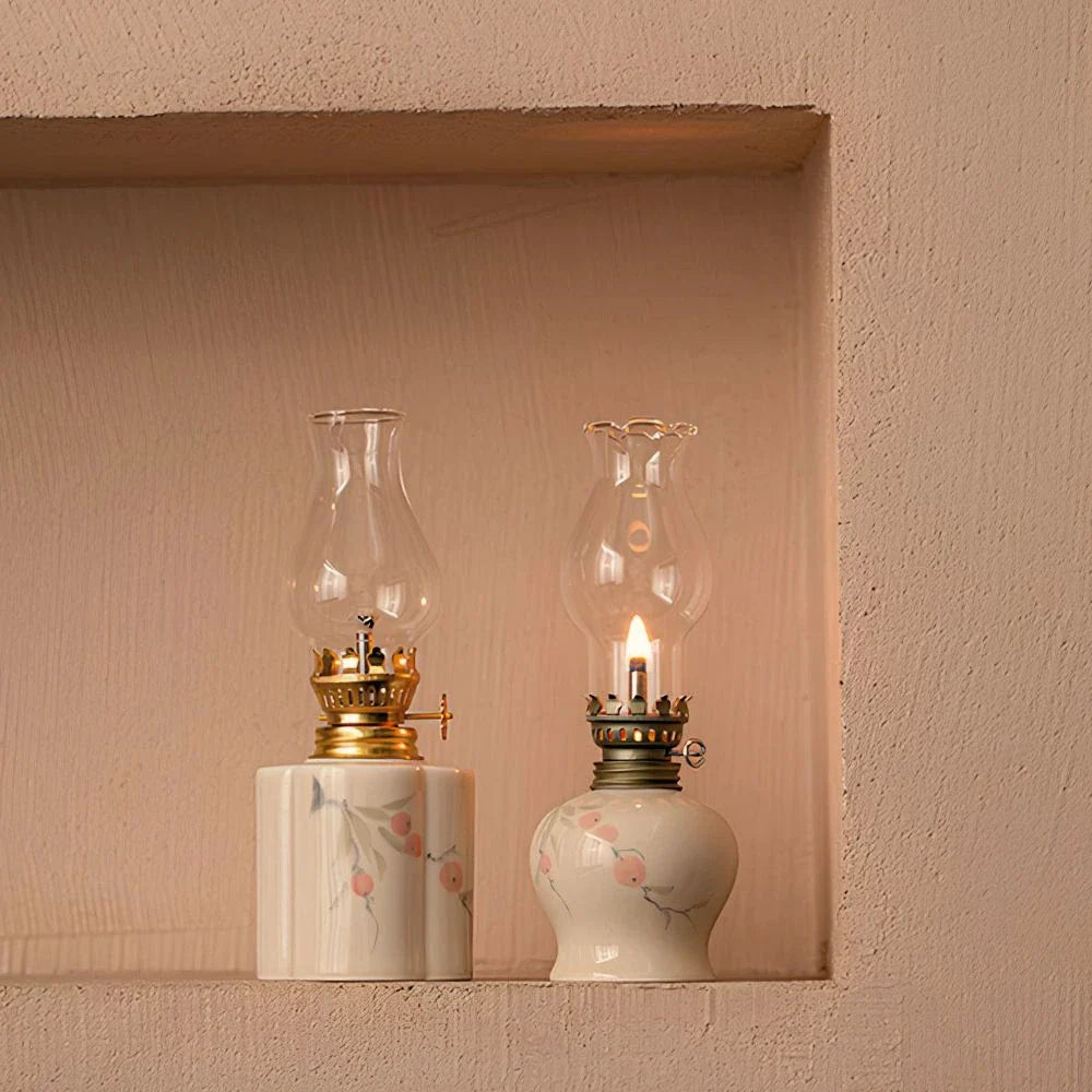 Ceramic Oil Lantern with Glass Shade, 18 cm | Adjustable Wick Flame, Bud or Classic Shape | Windproof Ambient Lighting