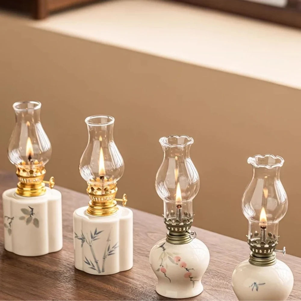 Ceramic Oil Lantern with Glass Shade, 18 cm | Adjustable Wick Flame, Bud or Classic Shape | Windproof Ambient Lighting