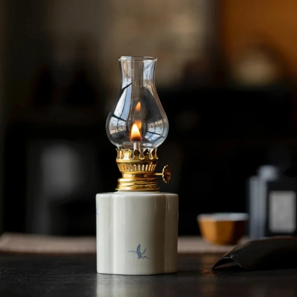 Ceramic Oil Lantern with Glass Shade, 18 cm | Adjustable Wick Flame, Bud or Classic Shape | Windproof Ambient Lighting