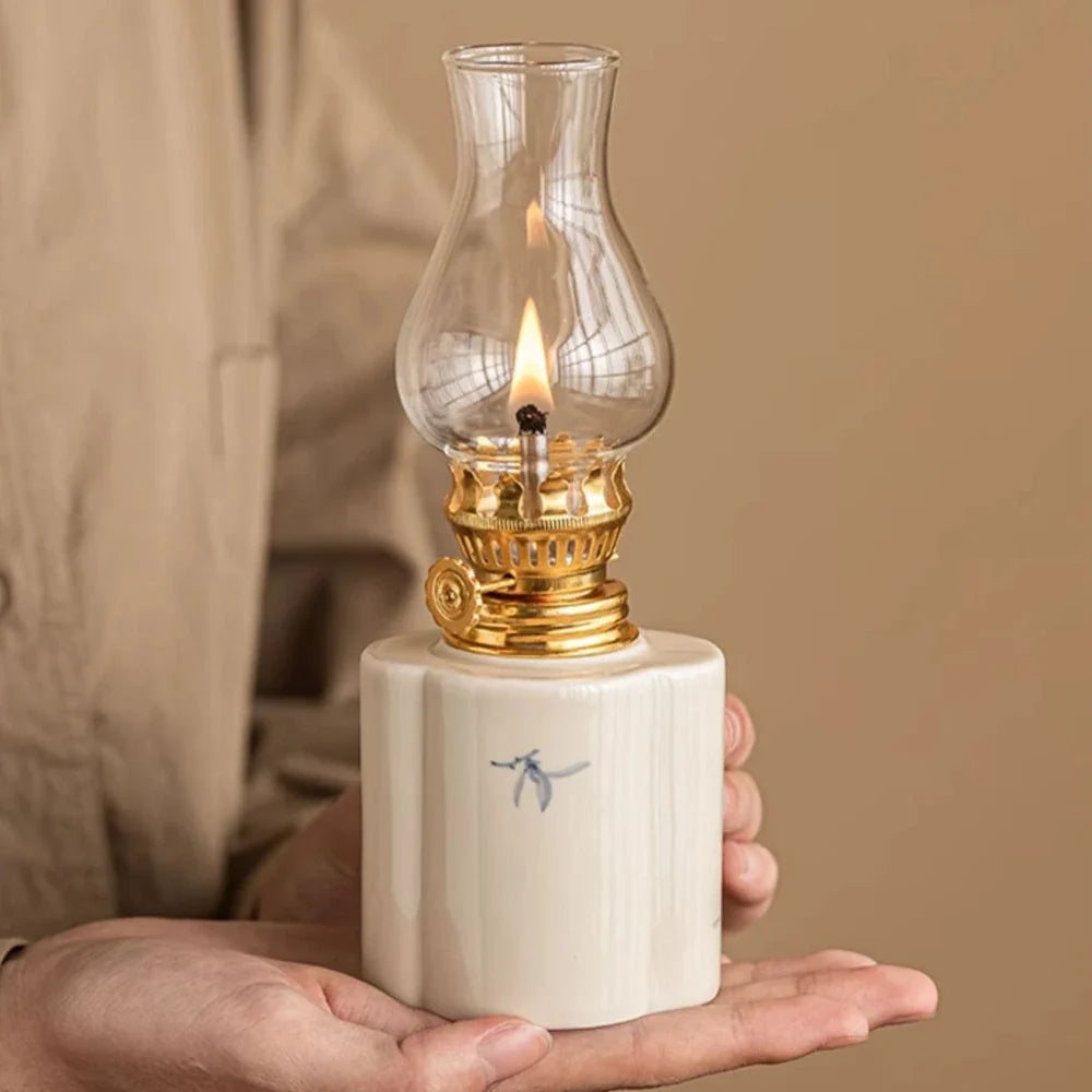 Ceramic Oil Lantern with Glass Shade, 18 cm | Adjustable Wick Flame, Bud or Classic Shape | Windproof Ambient Lighting