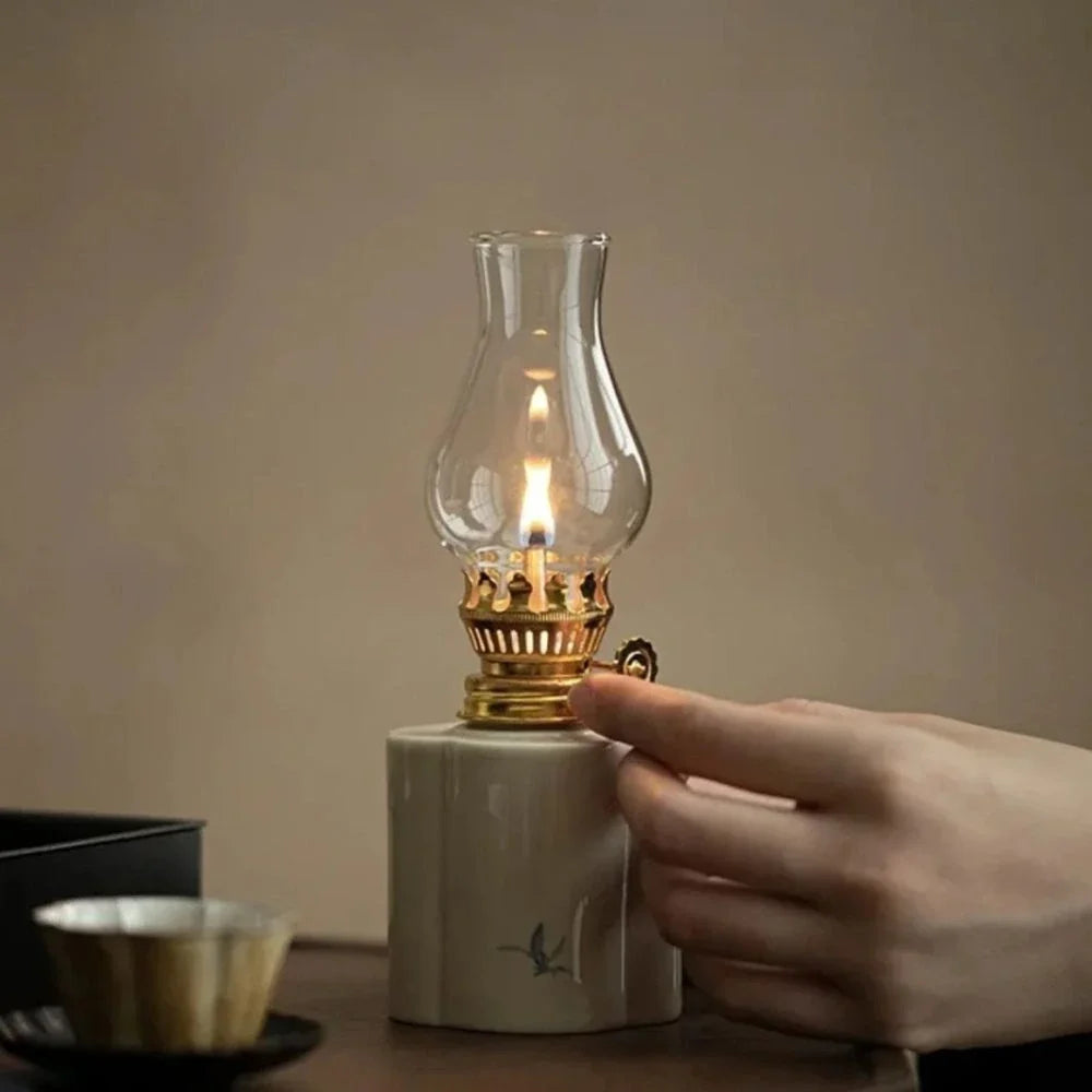 Ceramic Oil Lantern with Glass Shade, 18 cm | Adjustable Wick Flame, Bud or Classic Shape | Windproof Ambient Lighting