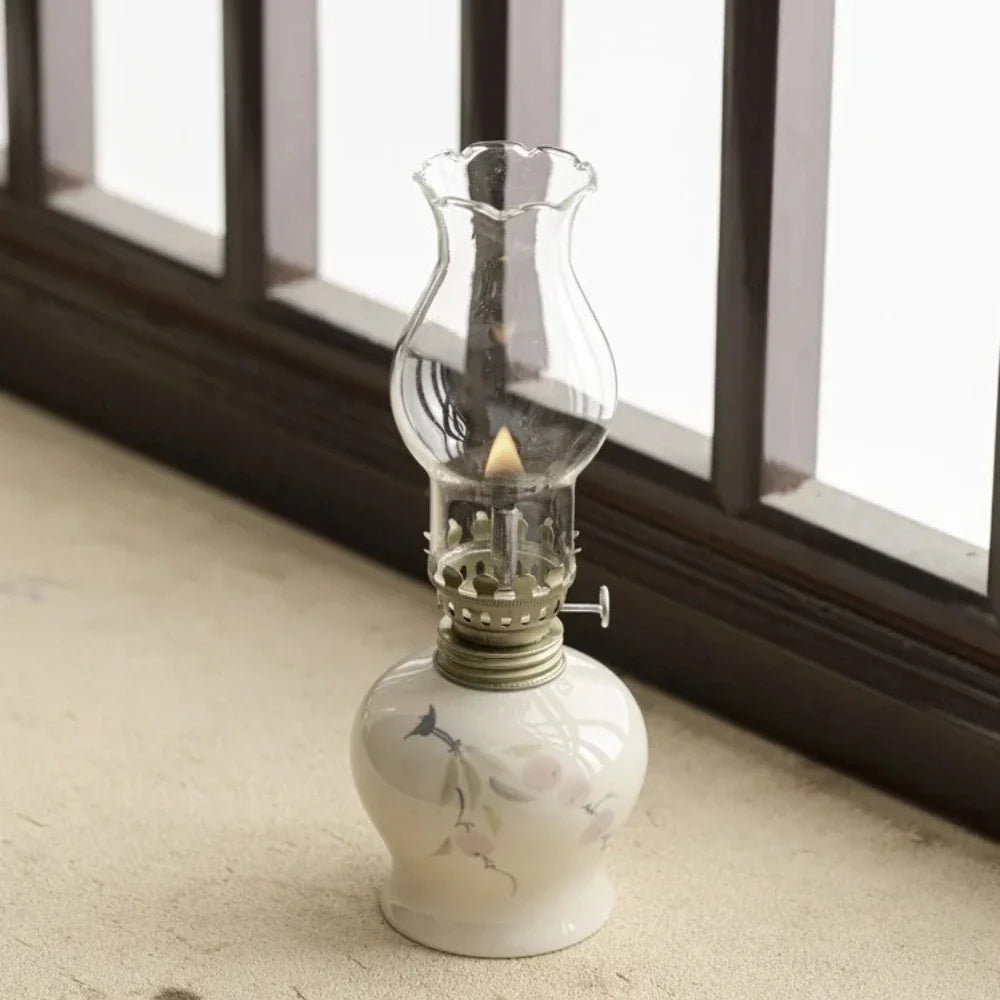 Ceramic Oil Lantern with Glass Shade, 18 cm | Adjustable Wick Flame, Bud or Classic Shape | Windproof Ambient Lighting