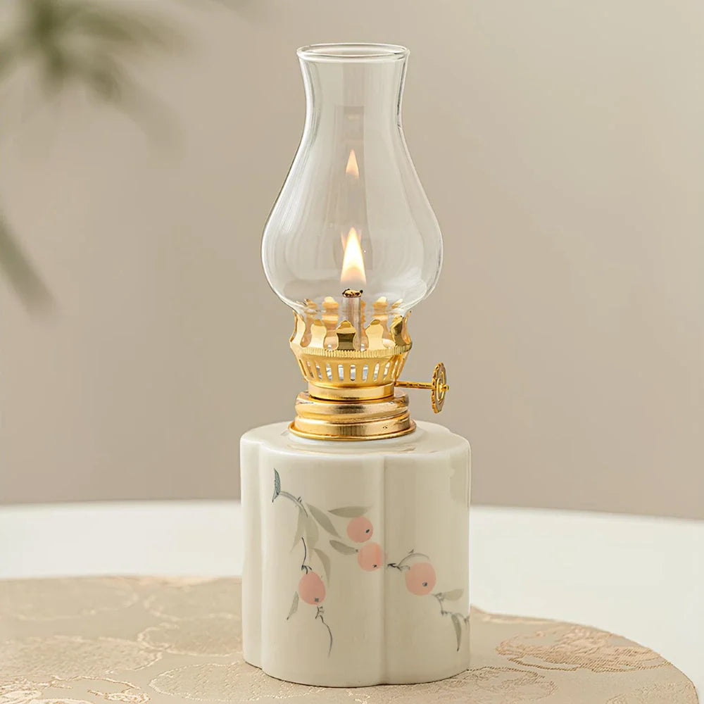 Ceramic Oil Lantern with Glass Shade, 18 cm | Adjustable Wick Flame, Bud or Classic Shape | Windproof Ambient Lighting