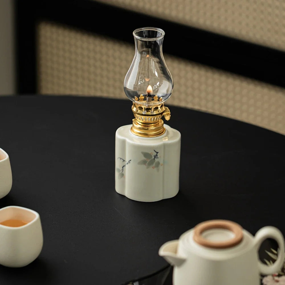 Ceramic Oil Lantern with Glass Shade, 18 cm | Adjustable Wick Flame, Bud or Classic Shape | Windproof Ambient Lighting