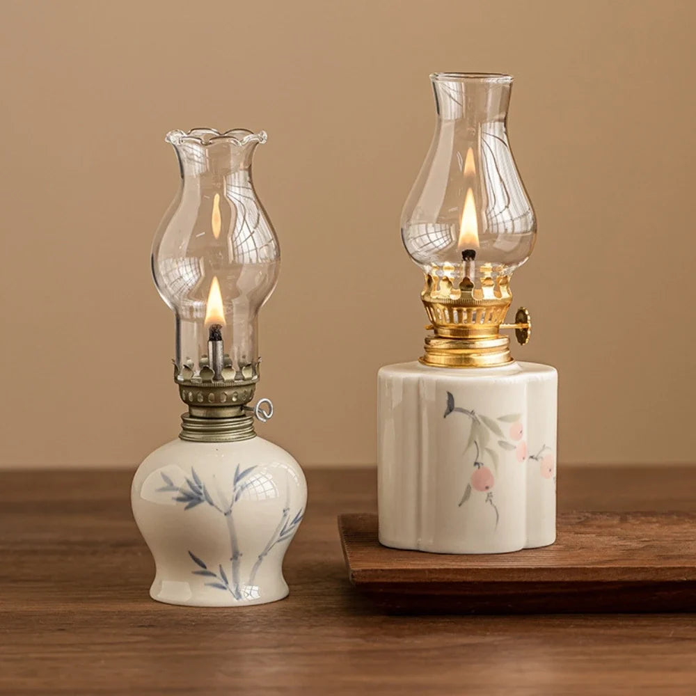 Ceramic Oil Lantern with Glass Shade, 18 cm | Adjustable Wick Flame, Bud or Classic Shape | Windproof Ambient Lighting