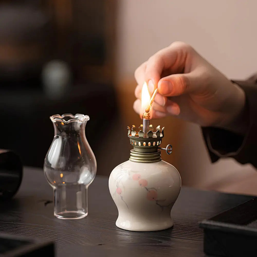 Ceramic Oil Lantern with Glass Shade, 18 cm | Adjustable Wick Flame, Bud or Classic Shape | Windproof Ambient Lighting