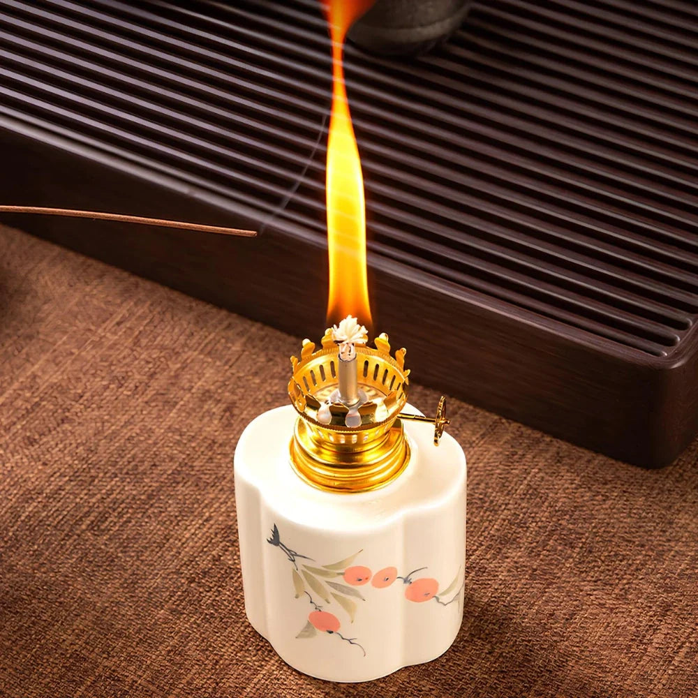 Ceramic Oil Lantern with Glass Shade, 18 cm | Adjustable Wick Flame, Bud or Classic Shape | Windproof Ambient Lighting