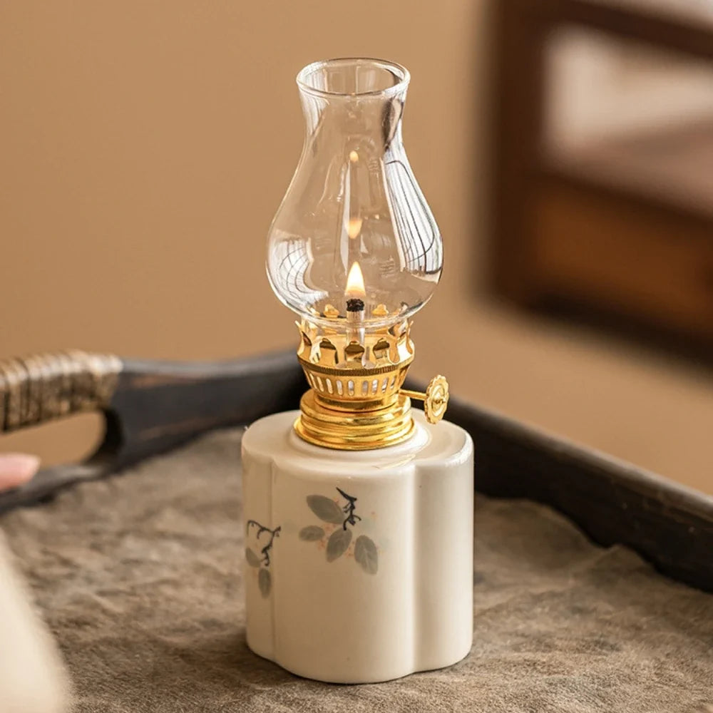 Ceramic Oil Lantern with Glass Shade, 18 cm | Adjustable Wick Flame, Bud or Classic Shape | Windproof Ambient Lighting