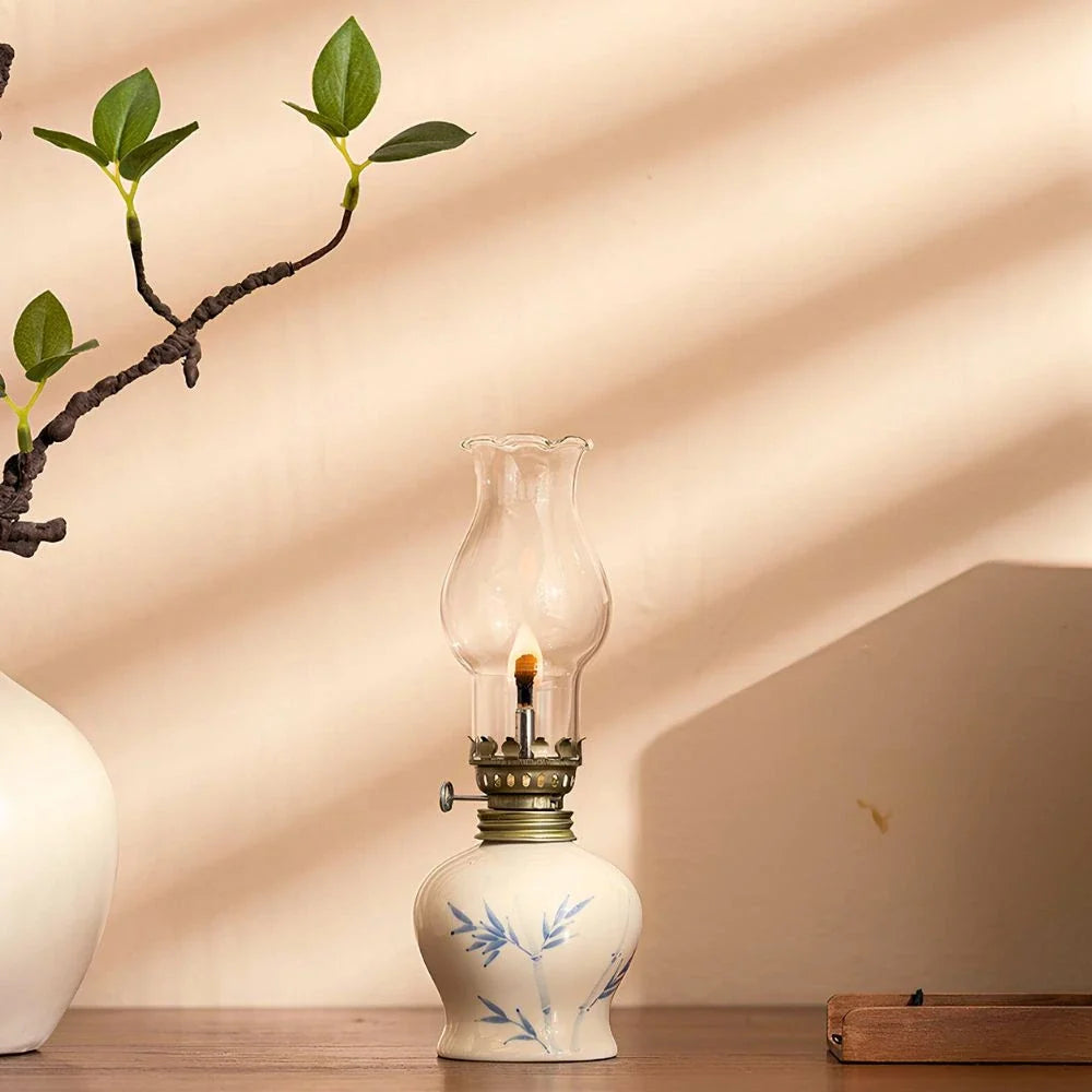 Ceramic Oil Lantern with Glass Shade, 18 cm | Adjustable Wick Flame, Bud or Classic Shape | Windproof Ambient Lighting
