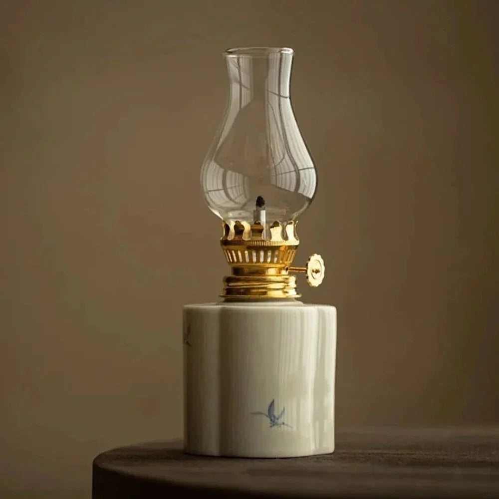 Ceramic Oil Lantern with Glass Shade, 18 cm | Adjustable Wick Flame, Bud or Classic Shape | Windproof Ambient Lighting