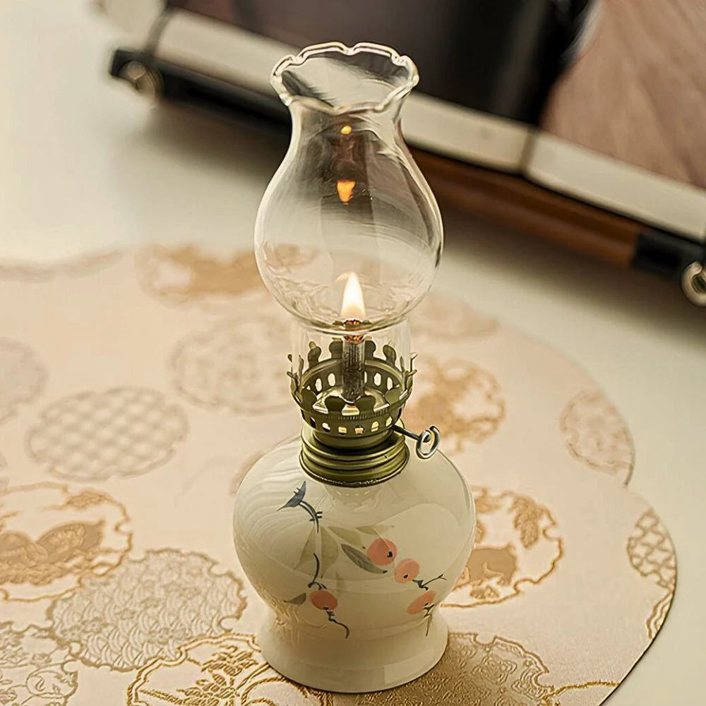 Ceramic Oil Lantern with Glass Shade, 18 cm | Adjustable Wick Flame, Bud or Classic Shape | Windproof Ambient Lighting