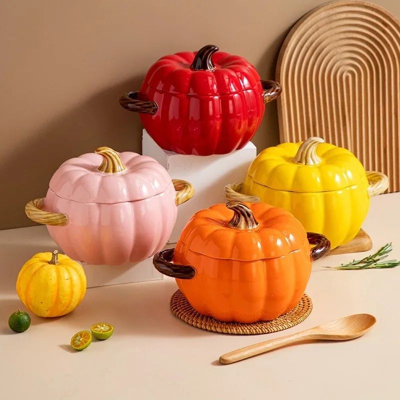 Ceramic Pumpkin Soup Bowl with Lid | Halloween Serving Pot with Side Handles | Keeps Soup, Ramen & Stew Warm Longer