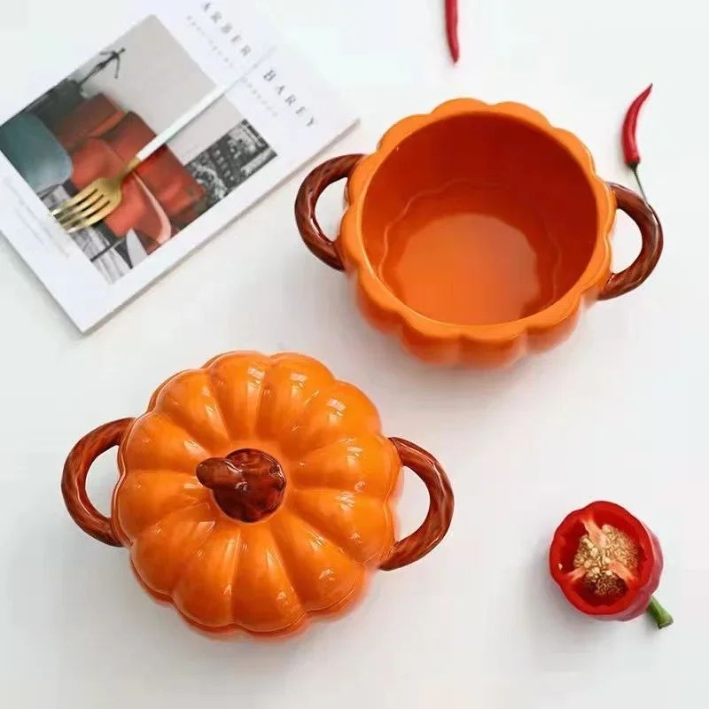 Ceramic Pumpkin Soup Bowl with Lid | Halloween Serving Pot with Side Handles | Keeps Soup, Ramen & Stew Warm Longer